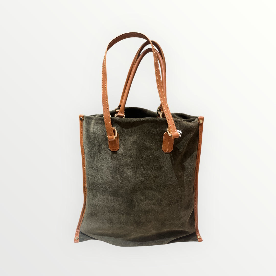 Borsa in Pelle Scamosciata Verde con Manici Marroni - Stile Elegante e Raffinato