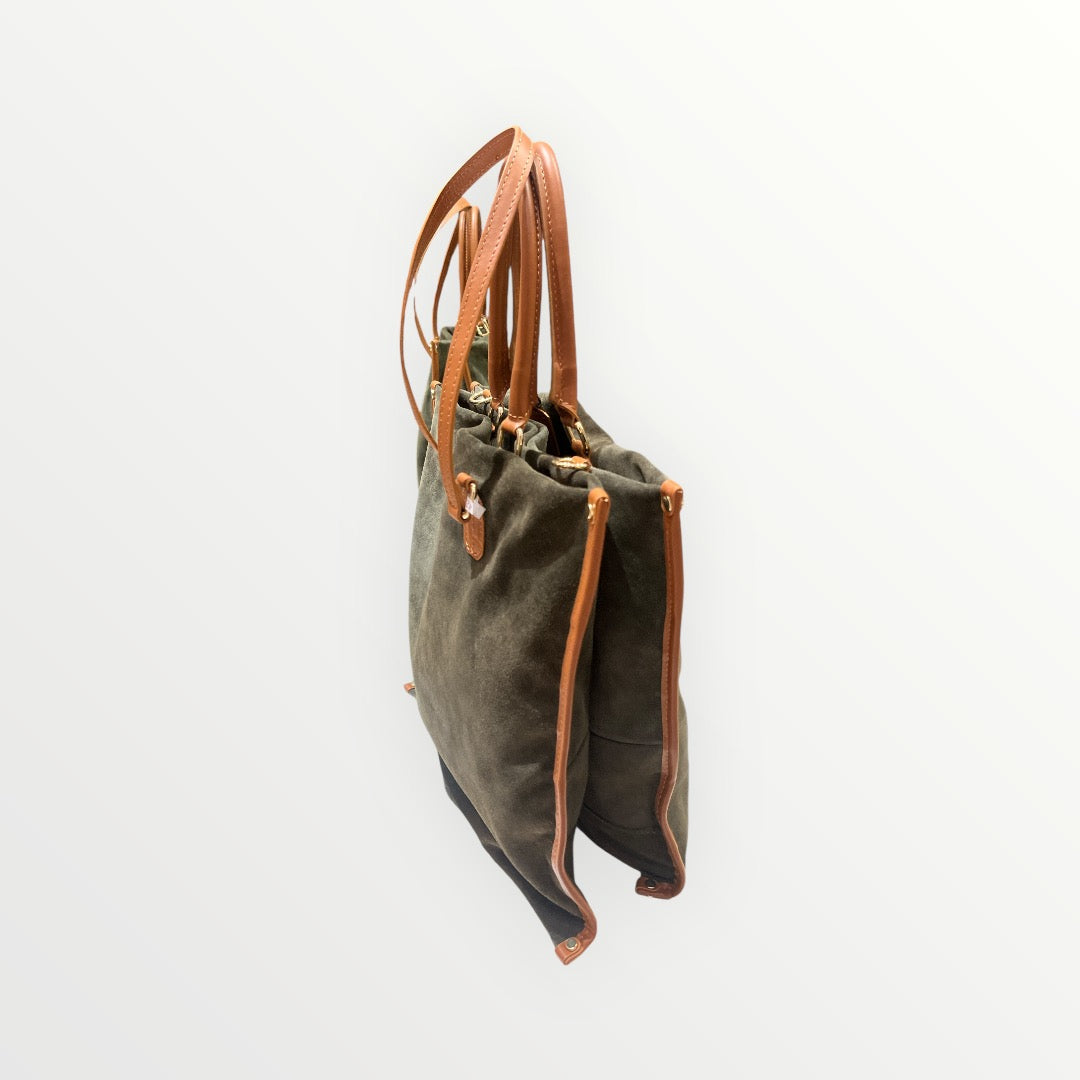 Borsa in Pelle Scamosciata Verde con Manici Marroni - Stile Elegante e Raffinato