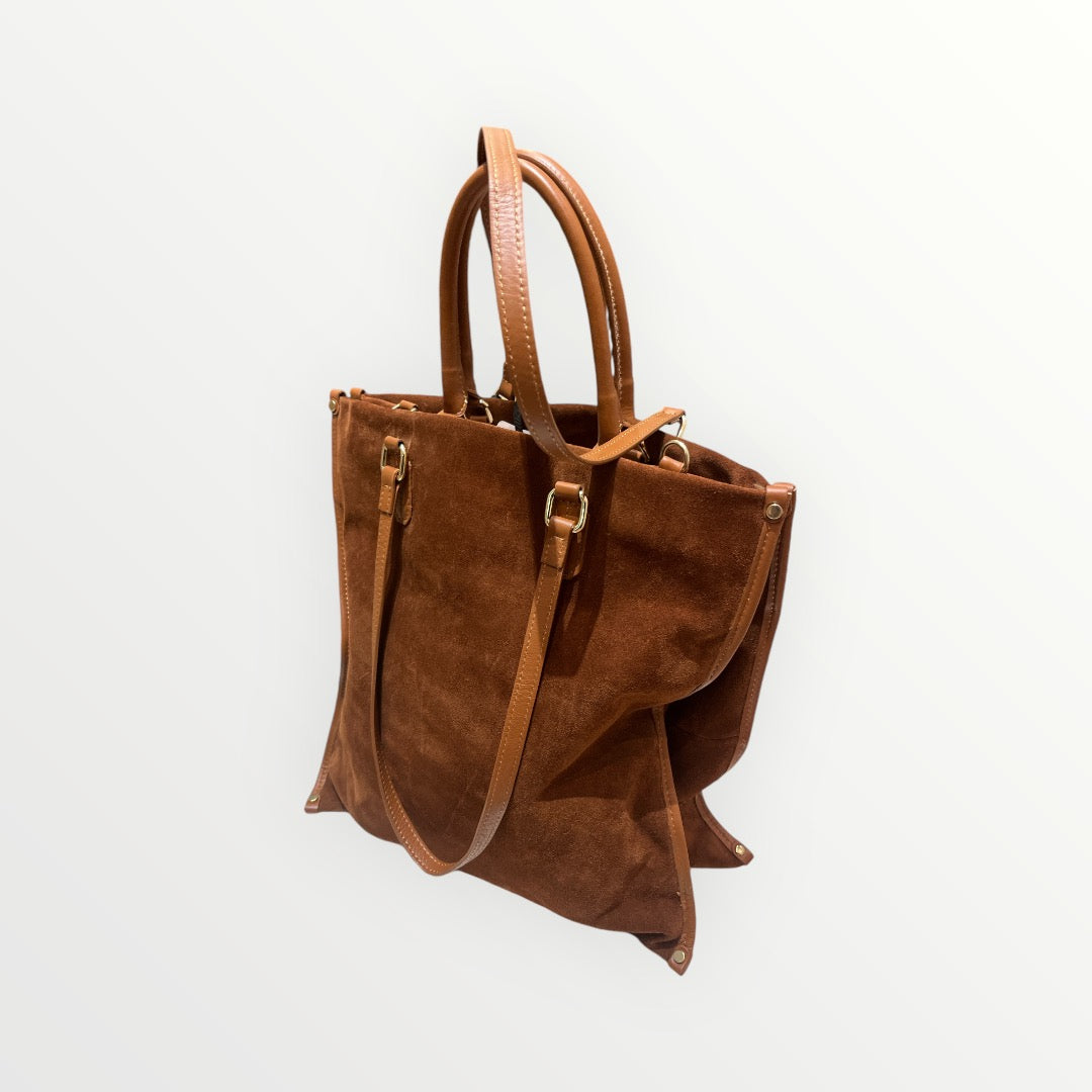Borsa in Pelle Scamosciata Marrone con Manici Coordinati - Stile Classico e Raffinato