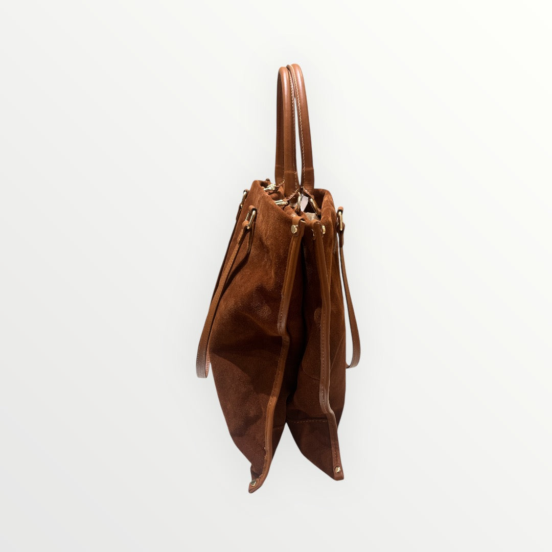 Borsa in Pelle Scamosciata Marrone con Manici Coordinati - Stile Classico e Raffinato
