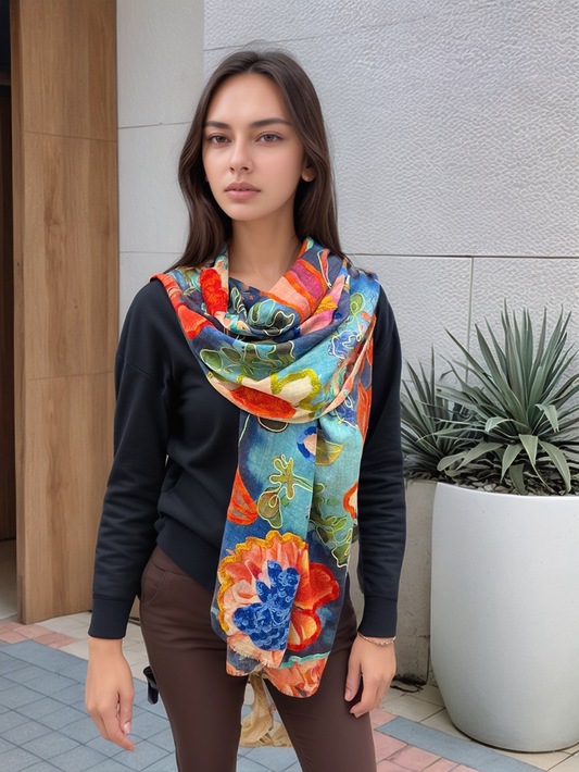 Donna che indossa una sciarpa artigianale in lana con vivace fantasia floreale e colori autunnali, avvolta intorno al collo per un look elegante e casual.