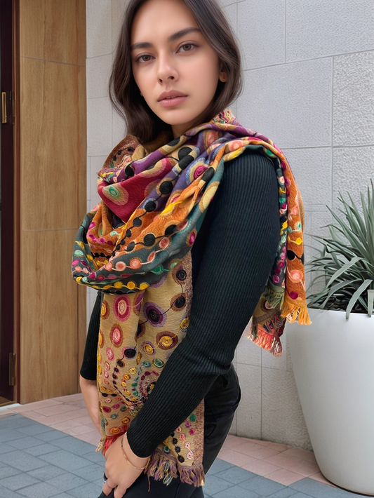 Donna che indossa una sciarpa artigianale in lana con motivo circolare multicolore, avvolta intorno al collo per un look elegante e moderno.