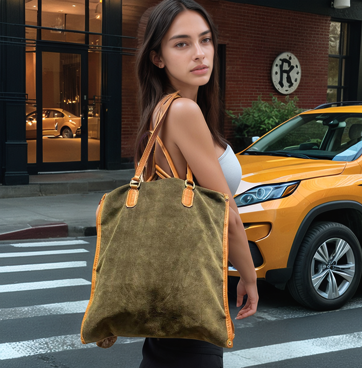 Borsa in Pelle Scamosciata Verde con Manici Marroni - Stile Elegante e Raffinato