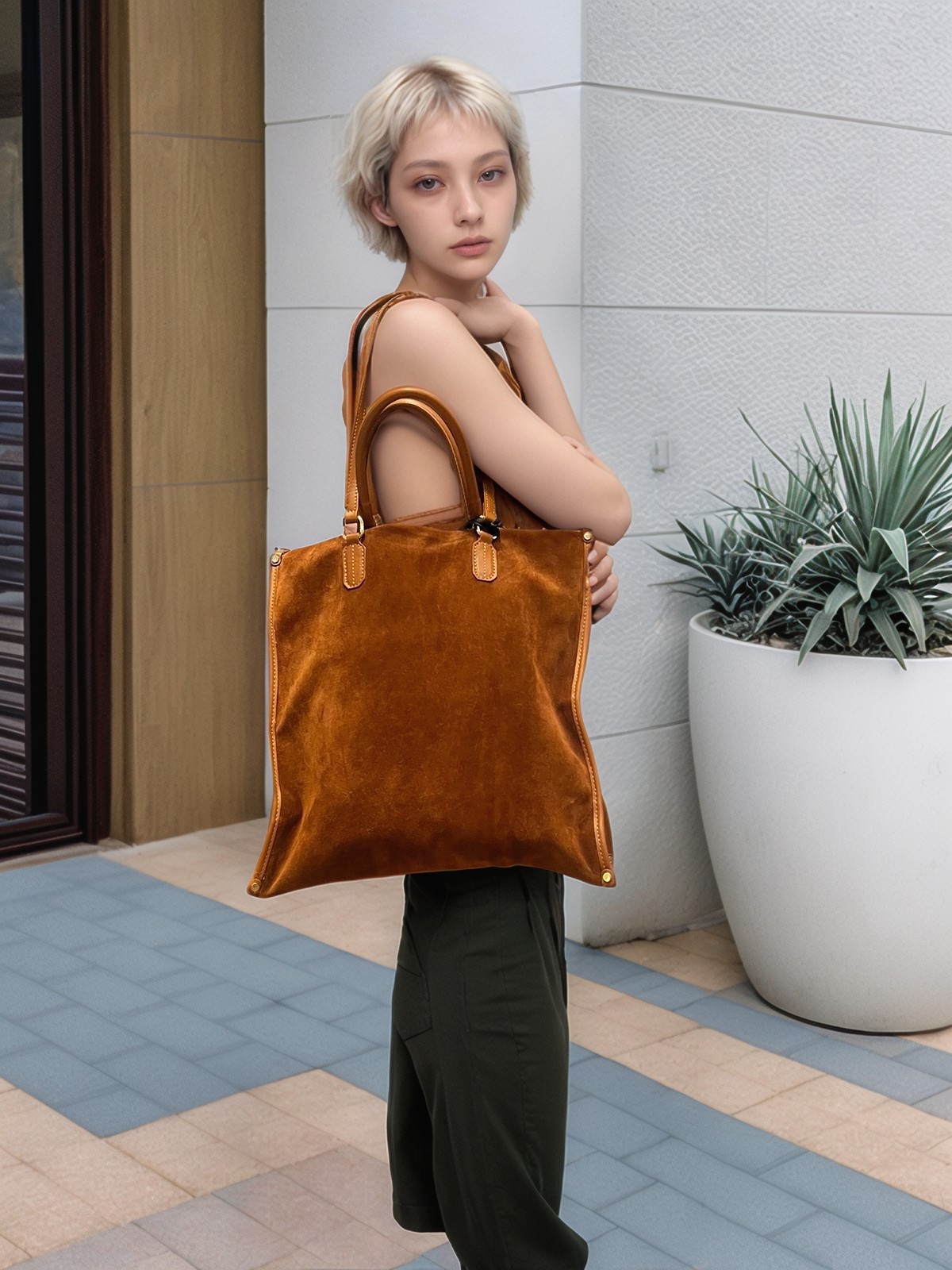Borsa in Pelle Scamosciata Marrone con Manici Coordinati - Stile Classico e Raffinato